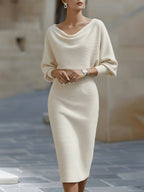 Serena | Women's Midi Dress with Round Neckline, Flowing Draped Midi Dress | Everlasting Boutique