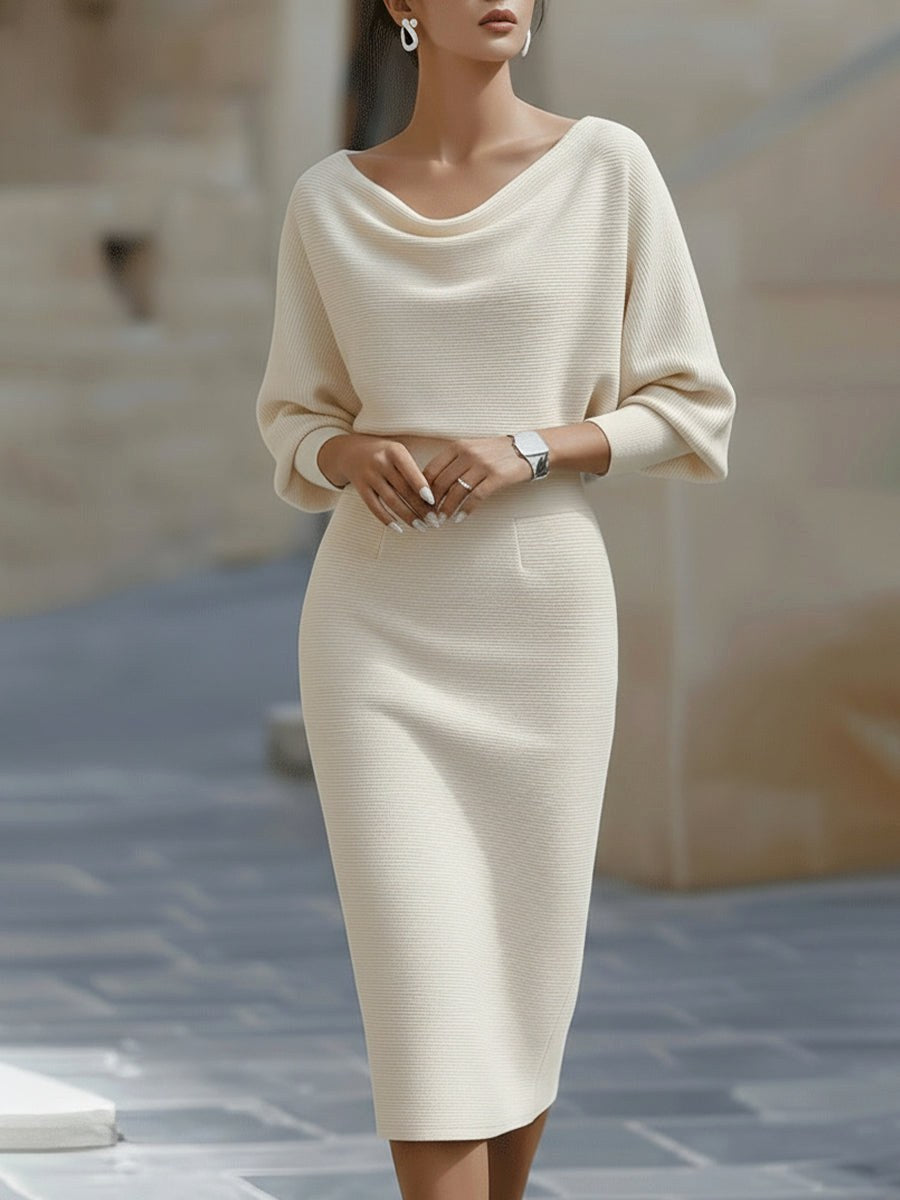 Serena | Women's Midi Dress with Round Neckline, Flowing Draped Midi Dress | Everlasting Boutique
