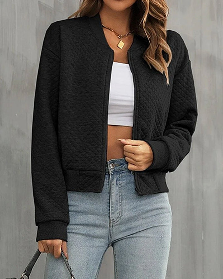 Simone | Women's Quilted Bomber Jacket, Zip-Up Collarless Jacket | Everlasting Boutique | Black