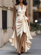 Solange | Women's Halterneck Wrap Maxi Dress, Asymmetrical Evening Dress | Everlasting Boutique | Navy Blue