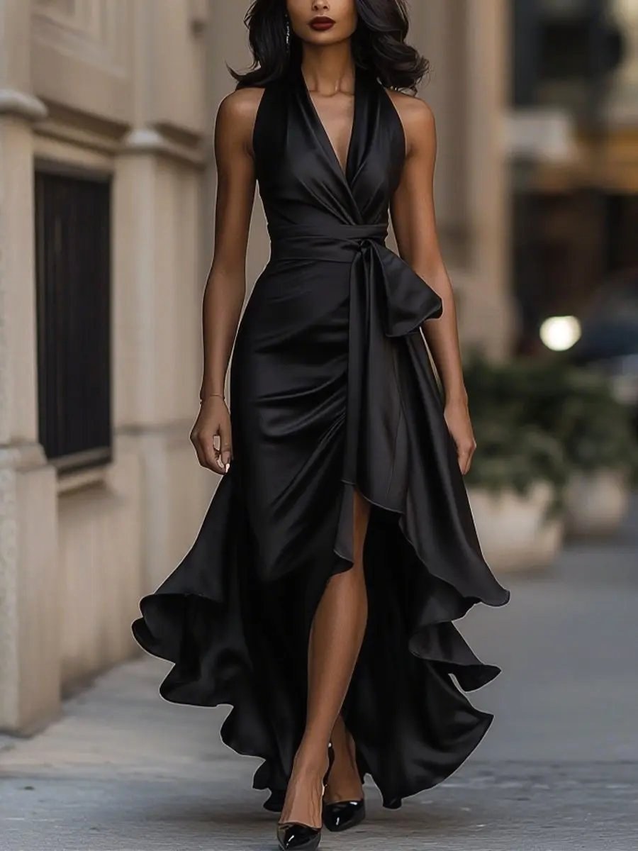 Solange | Women's Halterneck Wrap Maxi Dress, Asymmetrical Evening Dress | Everlasting Boutique
