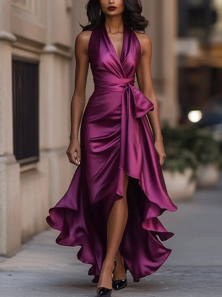 Solange | Women's Halterneck Wrap Maxi Dress, Asymmetrical Evening Dress | Everlasting Boutique