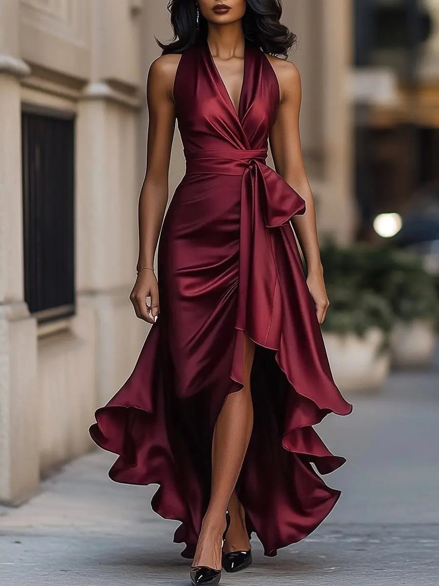 Solange | Women's Halterneck Wrap Maxi Dress, Asymmetrical Evening Dress | Everlasting Boutique | Brown