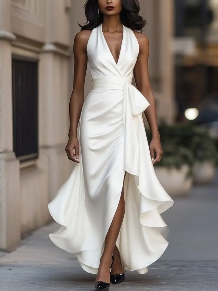Solange | Women's Halterneck Wrap Maxi Dress, Asymmetrical Evening Dress | Everlasting Boutique | Black