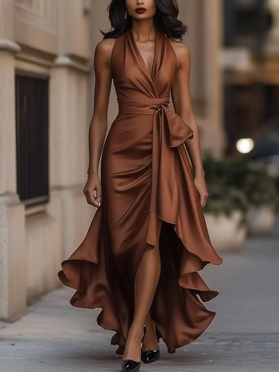 Solange | Women's Halterneck Wrap Maxi Dress, Asymmetrical Evening Dress | Everlasting Boutique