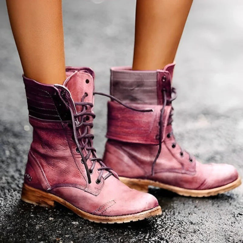 Sophie | Women's Lace-Up Ankle Boots in Dusty Pink, Vintage Ankle Boots with Block Heel | Everlasting Boutique | Carmine Red