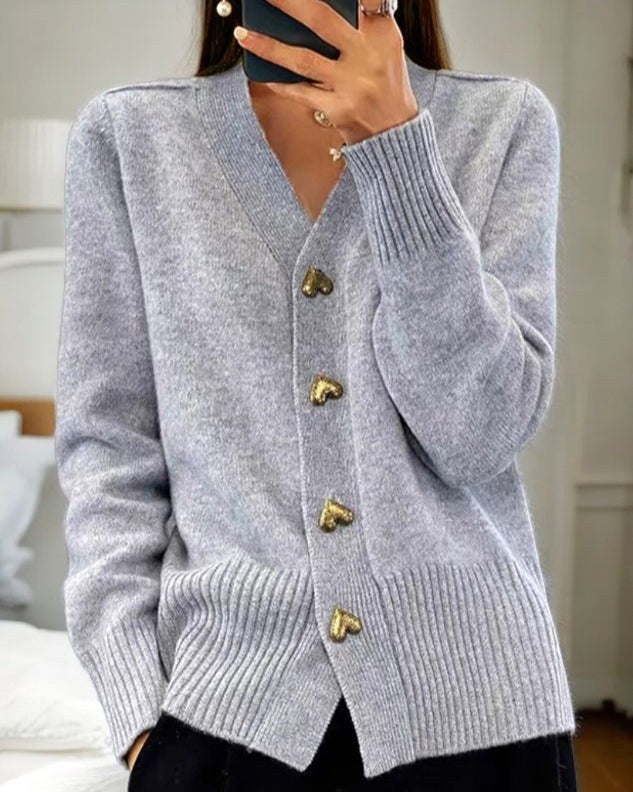 Sylvie | Women's V-Neck Button-Front Cardigan, Long Sleeve Ribbed Knit Cardigan | Everlasting Boutique | Grey