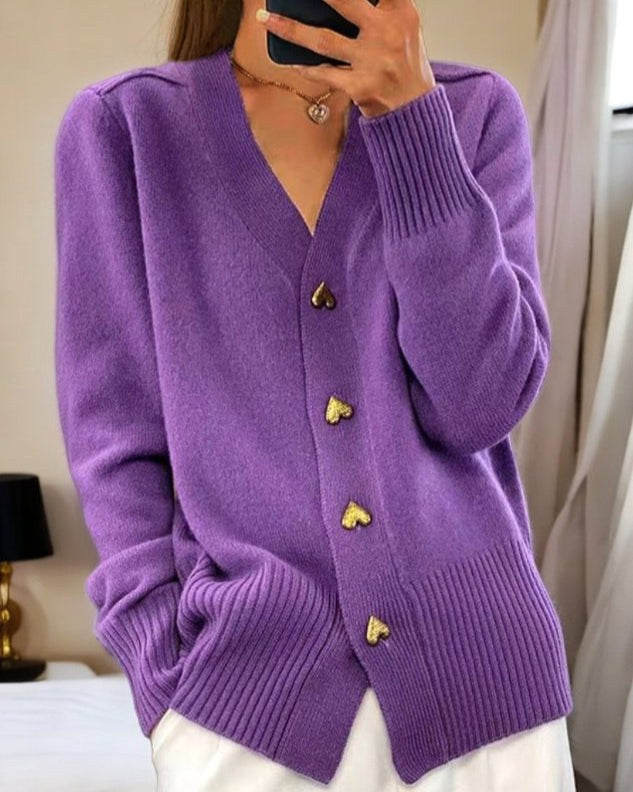 Sylvie | Women's V-Neck Button-Front Cardigan, Long Sleeve Ribbed Knit Cardigan | Everlasting Boutique | Violet