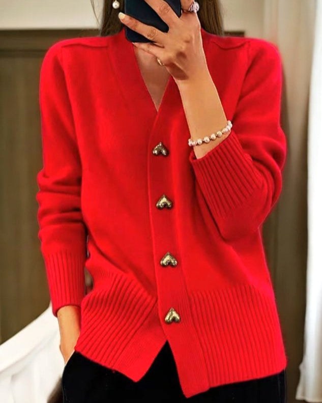 Sylvie | Women's V-Neck Button-Front Cardigan, Long Sleeve Ribbed Knit Cardigan | Everlasting Boutique | Red