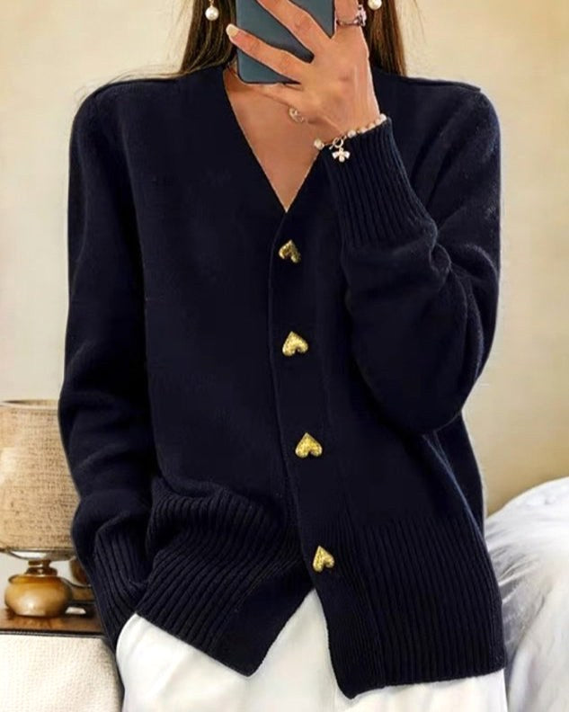 Sylvie | Women's V-Neck Button-Front Cardigan, Long Sleeve Ribbed Knit Cardigan | Everlasting Boutique | Black