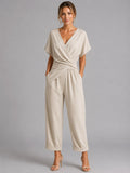 Sylvie | Women's Wrap-Front Two-Piece Set, Relaxed Cropped Trousers | Everlasting Boutique | Apricot
