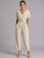 Sylvie | Women's Wrap-Front Two-Piece Set, Relaxed Cropped Trousers | Everlasting Boutique | Apricot