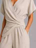 Sylvie | Women's Wrap-Front Two-Piece Set, Relaxed Cropped Trousers | Everlasting Boutique | Blue