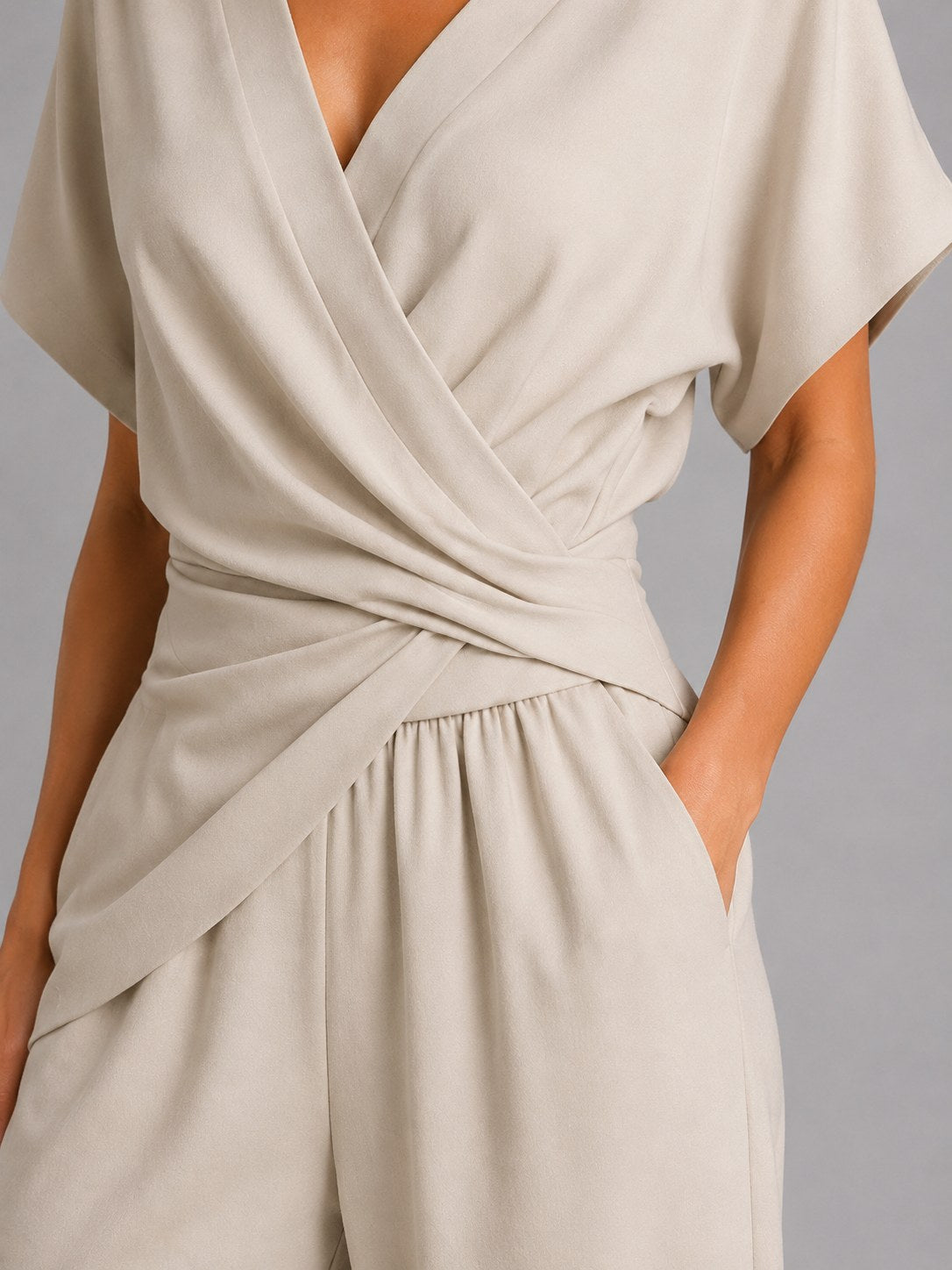 Sylvie | Women's Wrap-Front Two-Piece Set, Relaxed Cropped Trousers | Everlasting Boutique | Blue