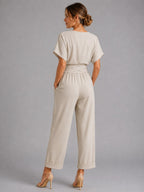 Sylvie | Women's Wrap-Front Two-Piece Set, Relaxed Cropped Trousers | Everlasting Boutique | Khaki