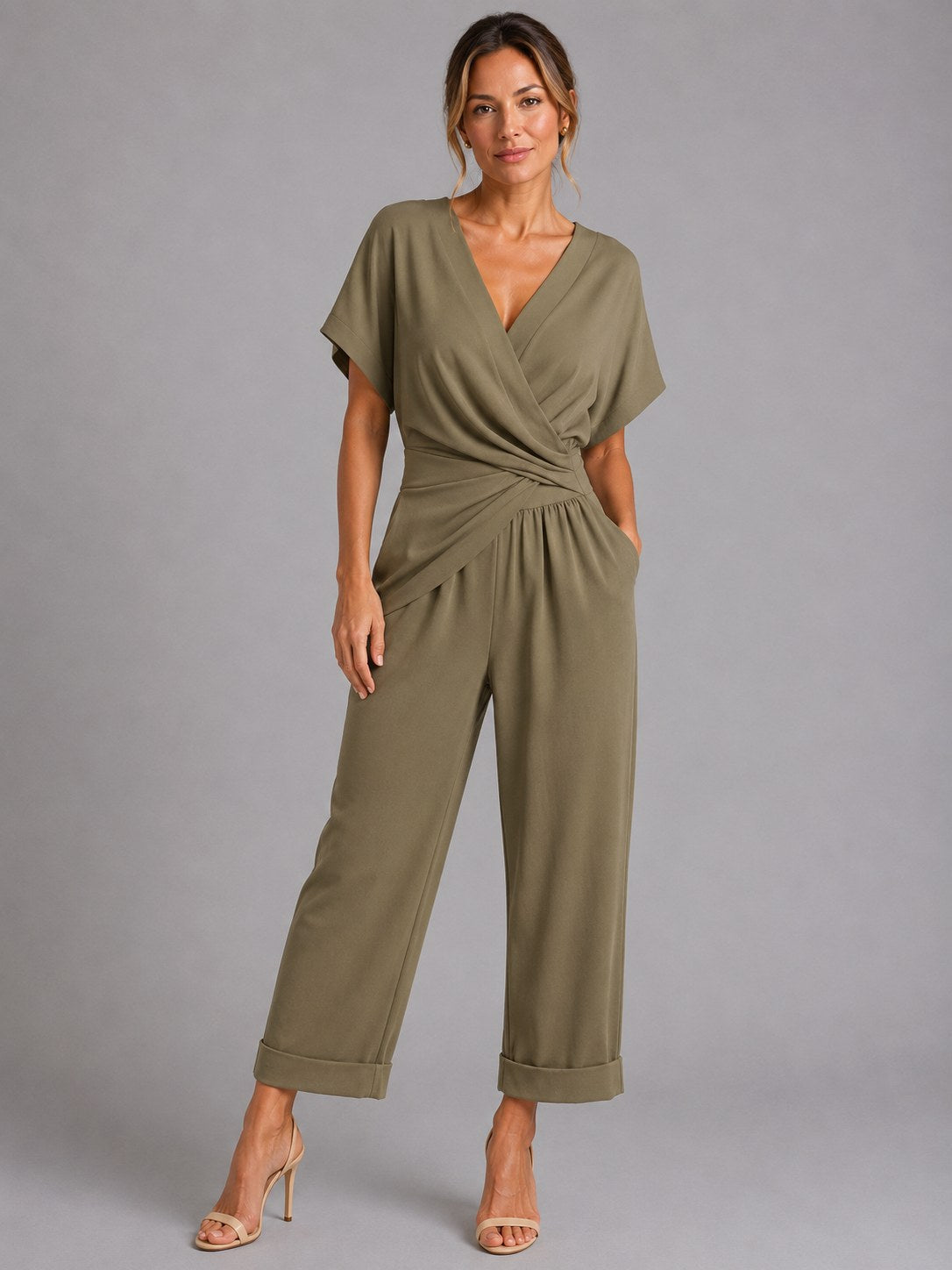Sylvie | Women's Wrap-Front Two-Piece Set, Relaxed Cropped Trousers | Everlasting Boutique