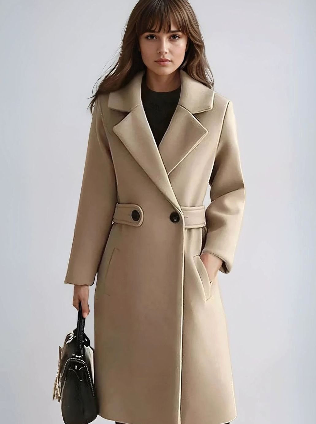 Theresa | Women's Longline Belted Coat with Notch Lapel, Tailored Autumn Coat | Everlasting Boutique | Camel