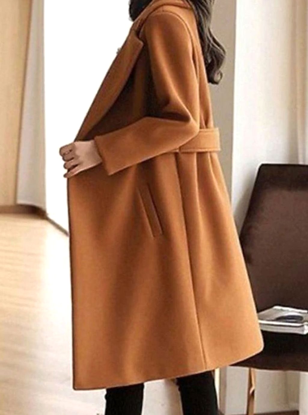 Theresa | Women's Longline Belted Coat with Notch Lapel, Tailored Autumn Coat | Everlasting Boutique | Camel