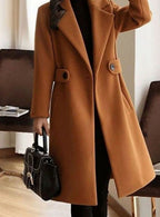 Theresa | Women's Longline Belted Coat with Notch Lapel, Tailored Autumn Coat | Everlasting Boutique | Camel