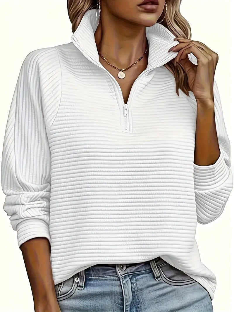 Therese | Women's Half-Zip Funnel Neck Sweater, Drop Shoulder Knit Jumper | Everlasting Boutique | White