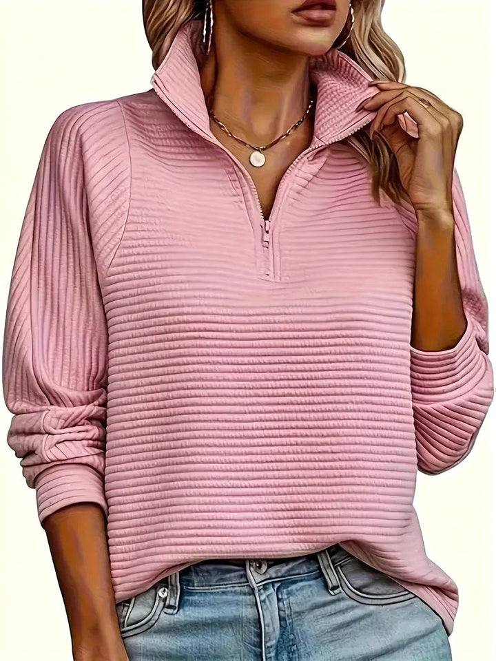 Therese | Women's Half-Zip Funnel Neck Sweater, Drop Shoulder Knit Jumper | Everlasting Boutique | Pink
