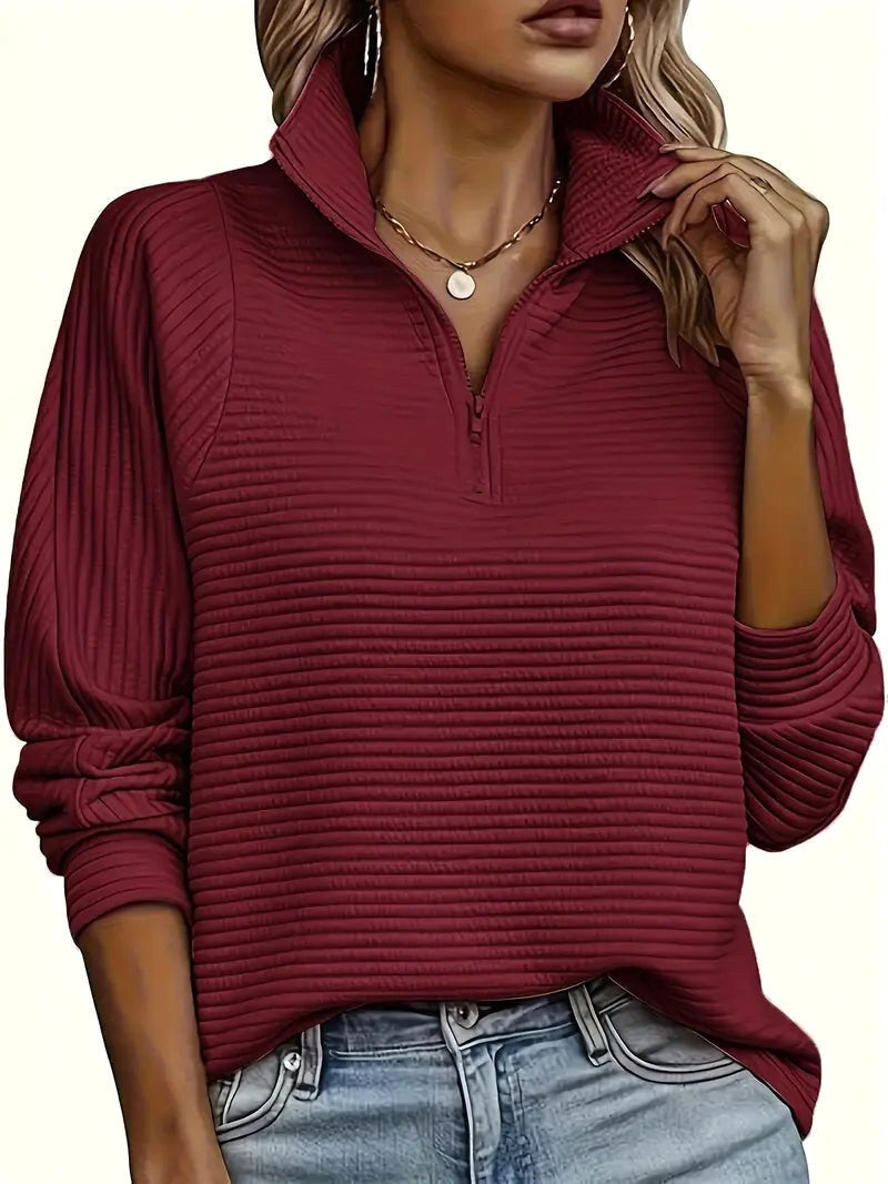 Therese | Women's Half-Zip Funnel Neck Sweater, Drop Shoulder Knit Jumper | Everlasting Boutique | Dark Red