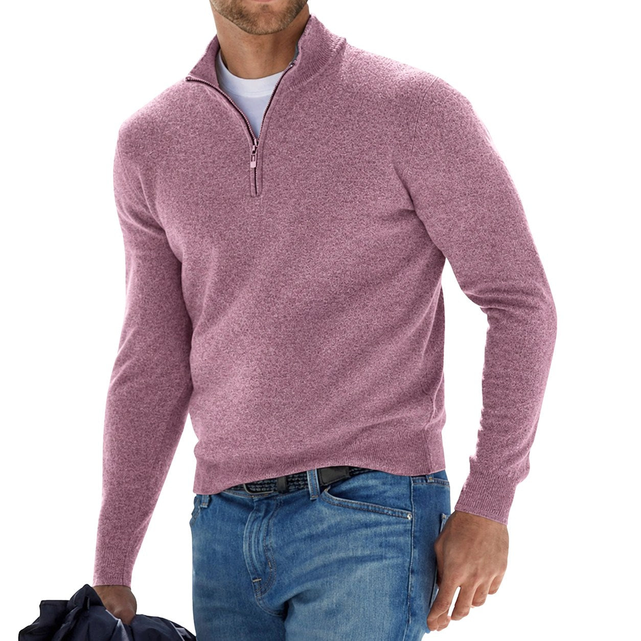Toby | Men's Quarter-Zip Knit Jumper, Stand Collar Sweater | Everlasting Boutique | Pink