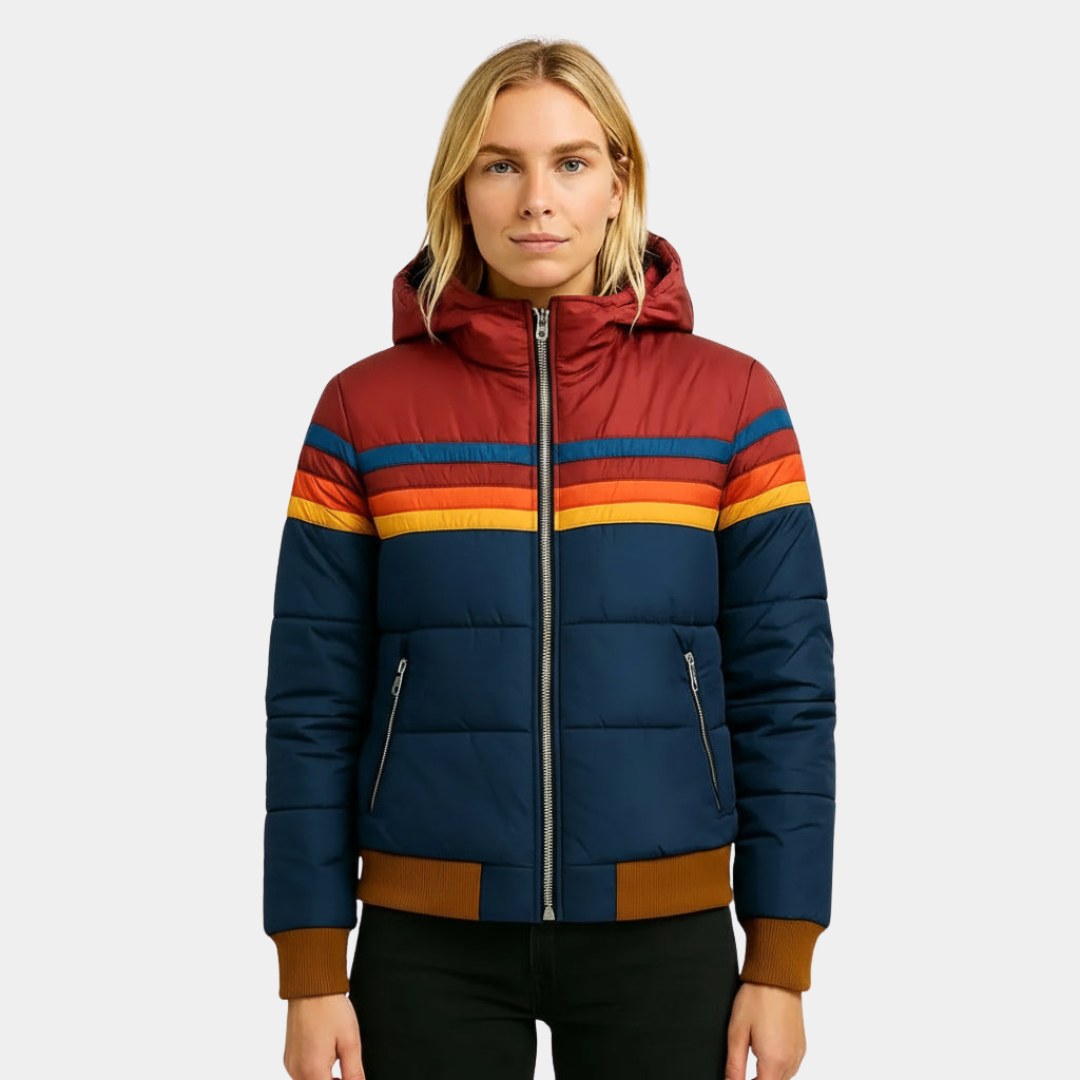 Veronique | Women's Retro Hooded Puffer Jacket, Striped Padded Autumn Coat | Everlasting Boutique | Navy blue