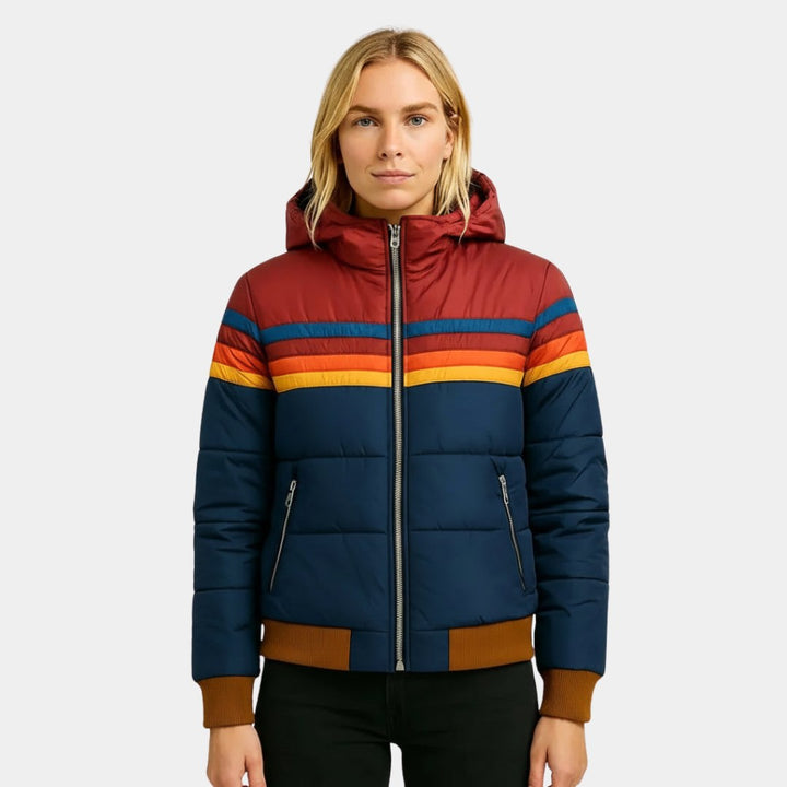 Veronique | Women's Retro Hooded Puffer Jacket, Striped Padded Autumn Coat | Everlasting Boutique | Navy blue