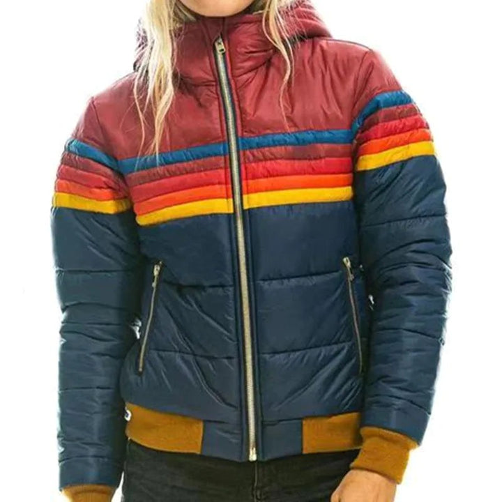 Veronique | Women's Retro Hooded Puffer Jacket, Striped Padded Autumn Coat | Everlasting Boutique | Black