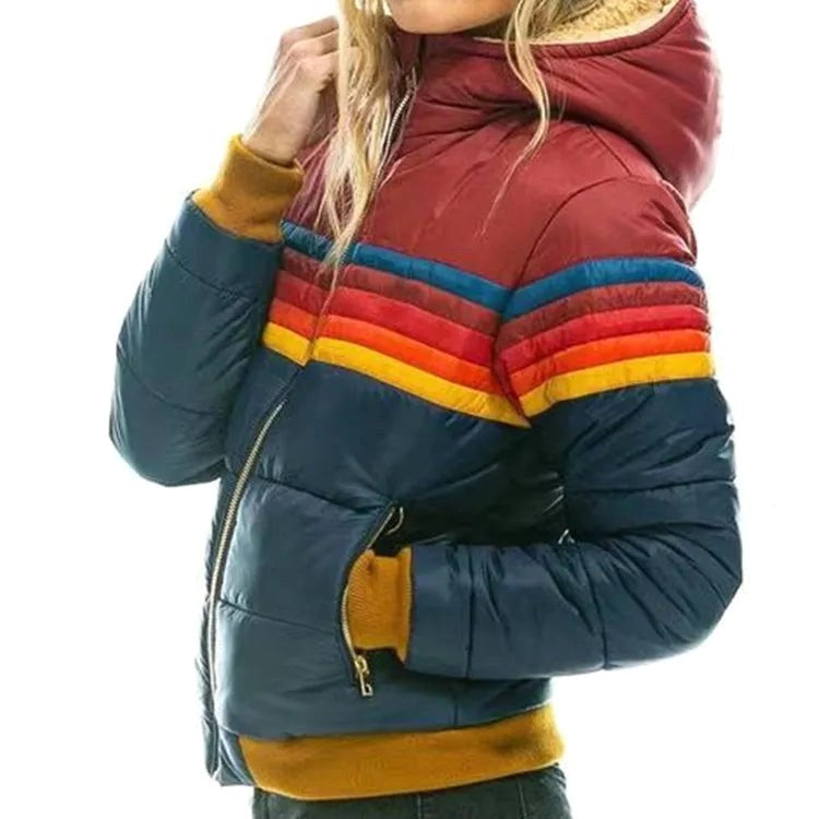 Veronique | Women's Retro Hooded Puffer Jacket, Striped Padded Autumn Coat | Everlasting Boutique | Turquoise