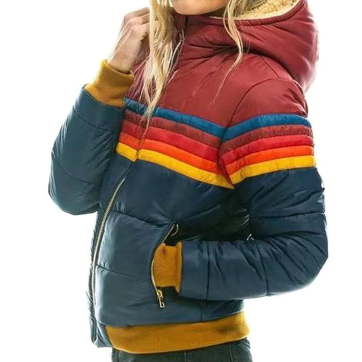 Veronique | Women's Retro Hooded Puffer Jacket, Striped Padded Autumn Coat | Everlasting Boutique | Turquoise
