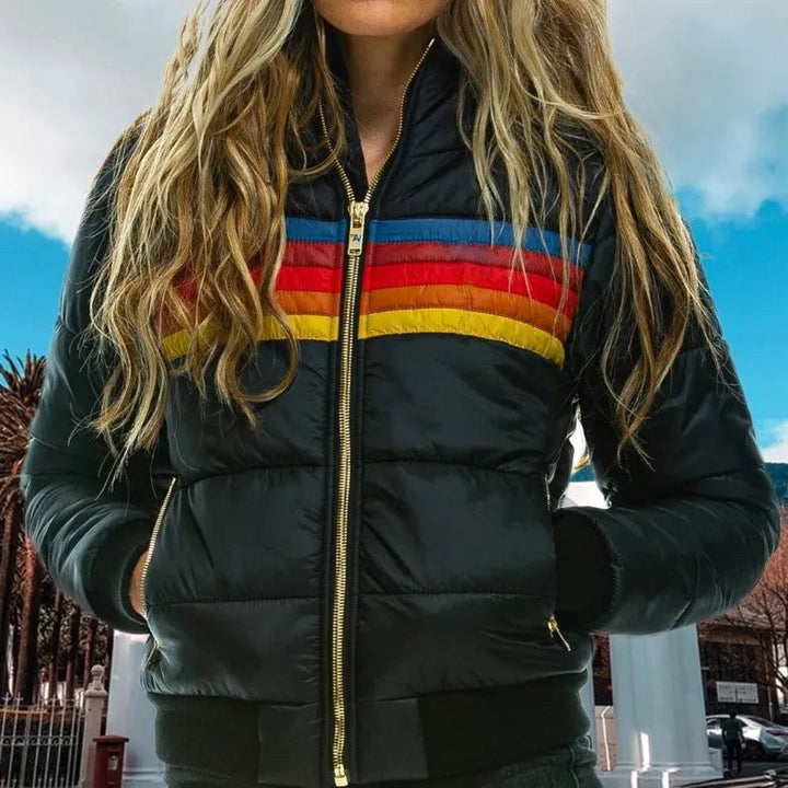 Veronique | Women's Retro Hooded Puffer Jacket, Striped Padded Autumn Coat | Everlasting Boutique