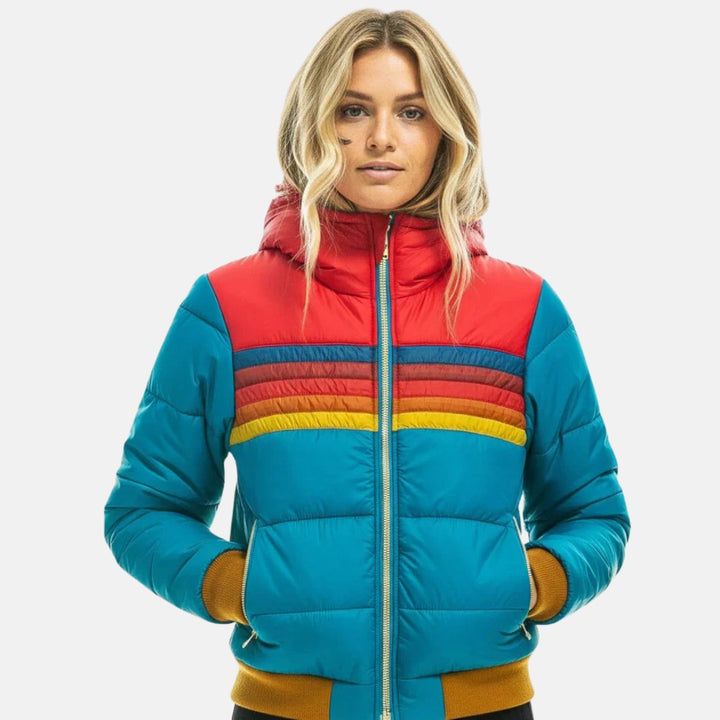 Veronique | Women's Retro Hooded Puffer Jacket, Striped Padded Autumn Coat | Everlasting Boutique