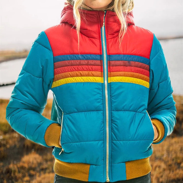 Veronique | Women's Retro Hooded Puffer Jacket, Striped Padded Autumn Coat | Everlasting Boutique