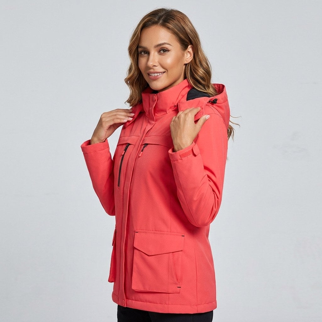 Victoire | Women's Hooded Heated Jacket with USB Power, Adjustable Temperature Jacket | Everlasting Boutique | Coral Red
