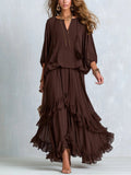 Victoria | Women's V-Neck Tie Blouse with Layered Maxi Skirt, Two-Piece Set | Everlasting Boutique