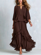 Victoria | Women's V-Neck Tie Blouse with Layered Maxi Skirt, Two-Piece Set | Everlasting Boutique