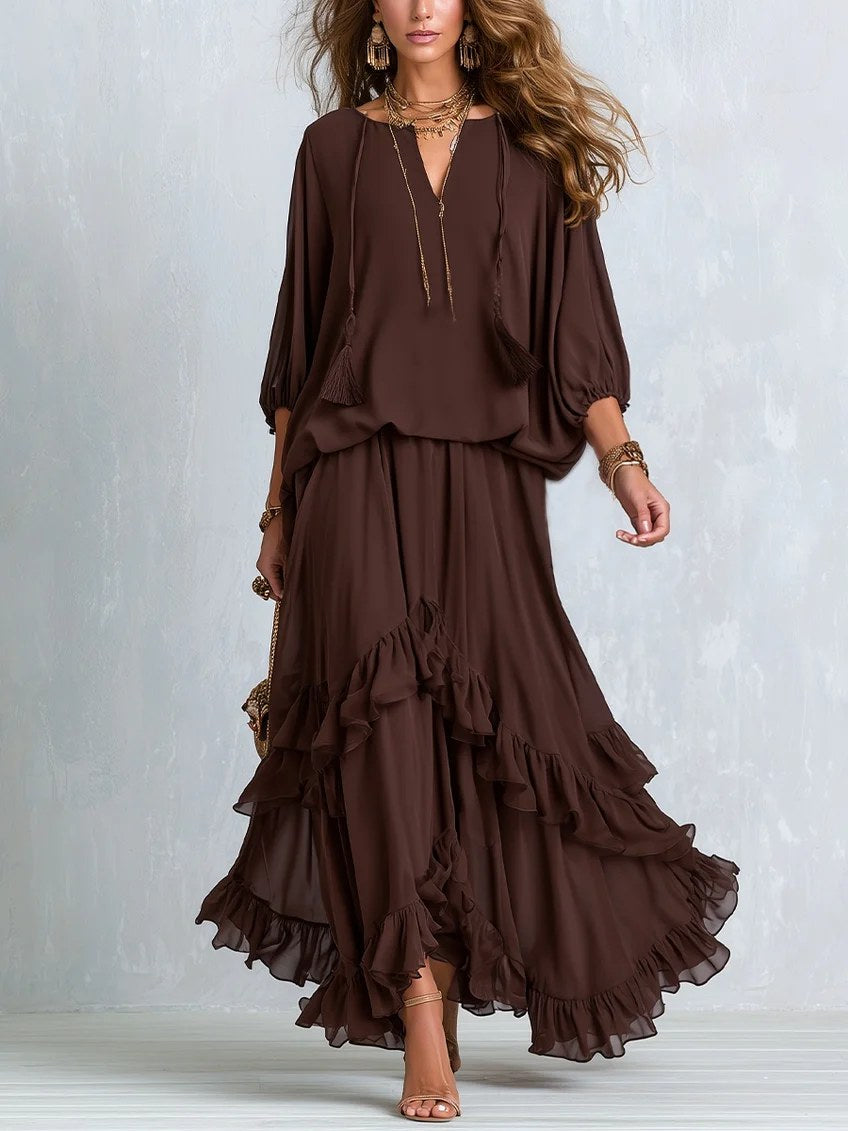 Victoria | Women's V-Neck Tie Blouse with Layered Maxi Skirt, Two-Piece Set | Everlasting Boutique