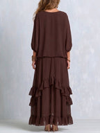 Victoria | Women's V-Neck Tie Blouse with Layered Maxi Skirt, Two-Piece Set | Everlasting Boutique