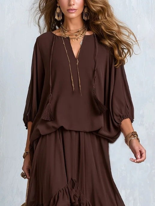 Victoria | Women's V-Neck Tie Blouse with Layered Maxi Skirt, Two-Piece Set | Everlasting Boutique