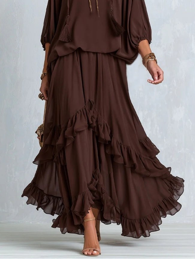 Victoria | Women's V-Neck Tie Blouse with Layered Maxi Skirt, Two-Piece Set | Everlasting Boutique