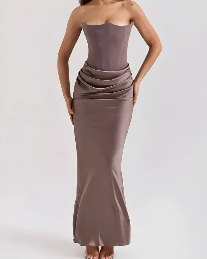 Viviane | Women's Strapless Draped Maxi Dress, Corset-Bodice Evening Dress | Everlasting Boutique | Brown