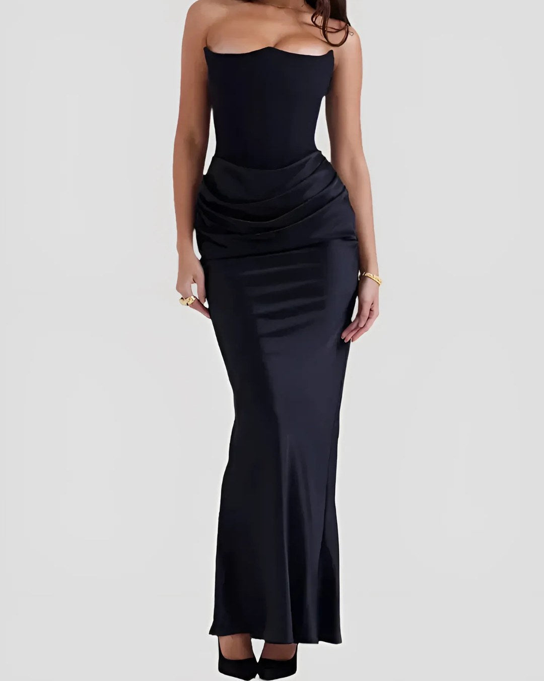 Viviane | Women's Strapless Draped Maxi Dress, Corset-Bodice Evening Dress | Everlasting Boutique | Red