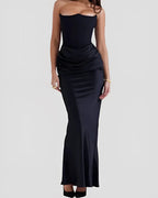 Viviane | Women's Strapless Draped Maxi Dress, Corset-Bodice Evening Dress | Everlasting Boutique | Red