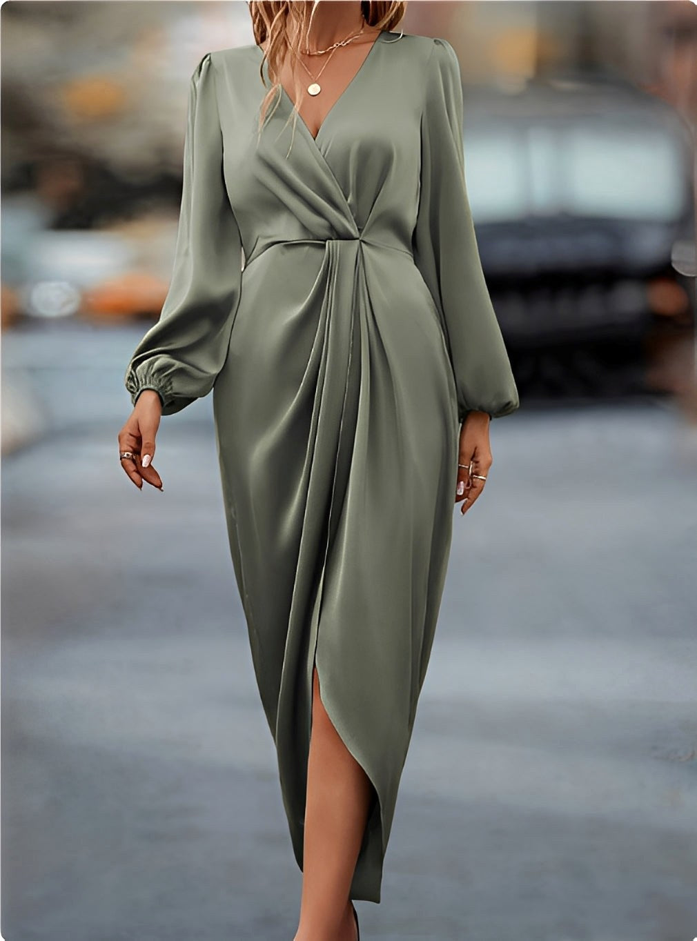 Weronika | Women's Satin Wrap Dress with Long Sleeves, Elegant Evening Dress | Everlasting Boutique