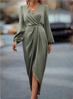 Weronika | Women's Satin Wrap Dress with Long Sleeves, Elegant Evening Dress | Everlasting Boutique