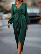 Weronika | Women's Satin Wrap Dress with Long Sleeves, Elegant Evening Dress | Everlasting Boutique