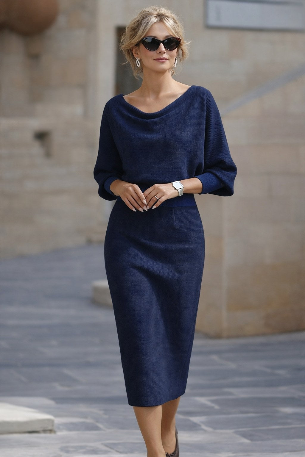 Willow | Women's Round-Neck Midi Dress, Draped Midi Dress | Everlasting Boutique