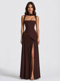 Willow | Women's Sculpted Satin-Feel Maxi Dress, Draped Evening Dress | Everlasting Boutique | Brown